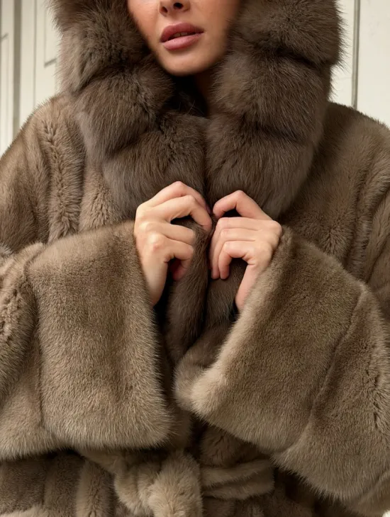 Полушубок норковый с капюшоном из меха куницы