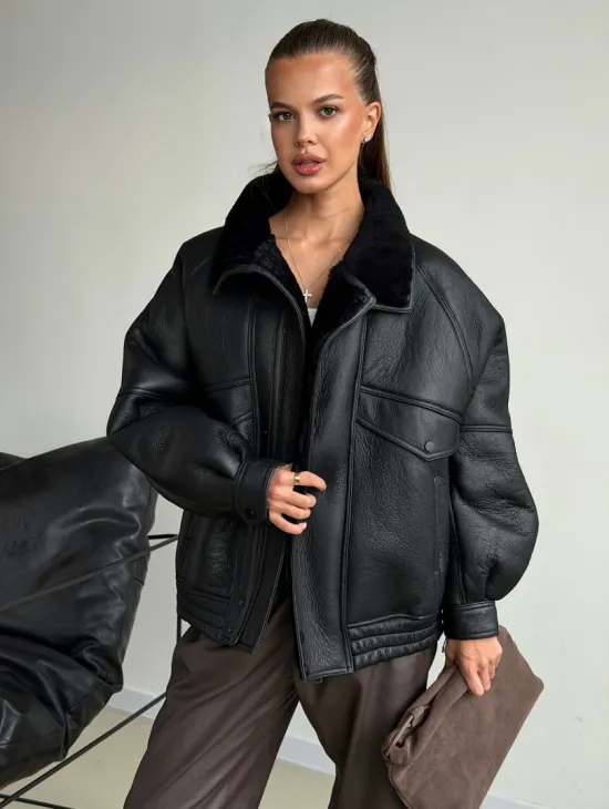 Черная натуральная дубленка из овчины