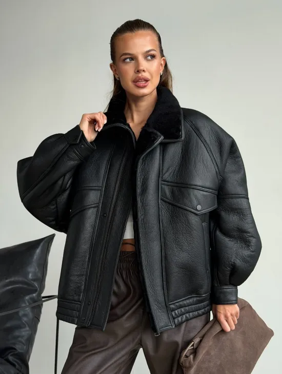 Черная натуральная дубленка из овчины