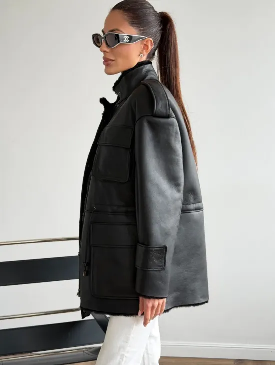 Черная куртка - дубленка из испанского мериноса