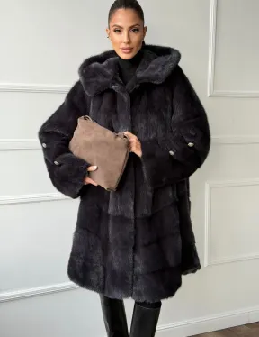 Норковая шуба с капюшоном - графит