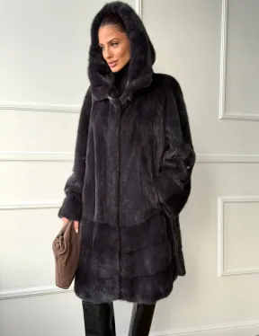 Норковая шуба с капюшоном - графит