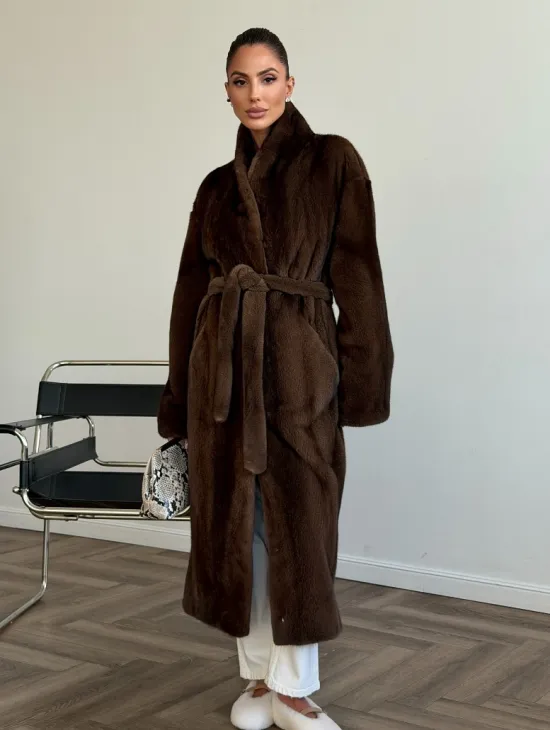 Шуба норковая в роспуск с меховым поясом