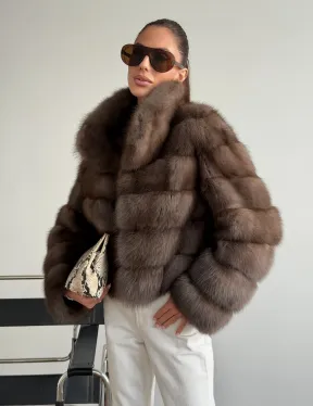 Короткая шуба из куницы - цвет трюфель