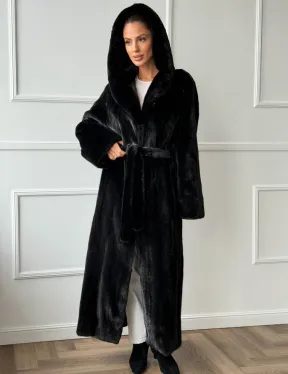 Чёрная норковая шуба модель «кимоно» с капюшоном кобра