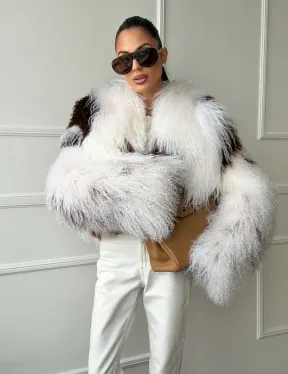 Шубка из ламы бело-коричневая