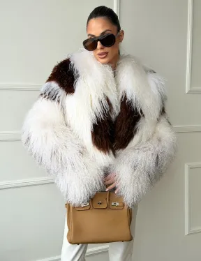 Шубка из ламы бело-коричневая