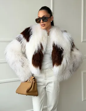 Шубка из ламы бело-коричневая