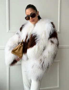 Шубка из ламы бело-коричневая