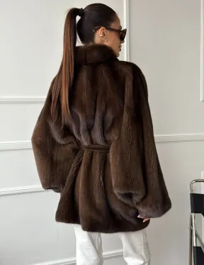 Норковый полушубок с меховым поясом - Летучая мышь