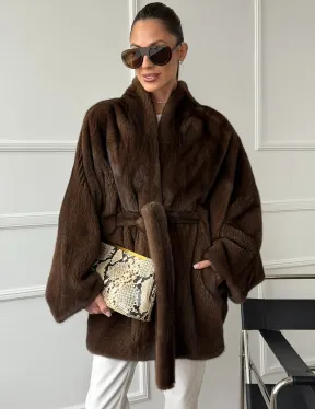 Норковый полушубок с меховым поясом - Летучая мышь