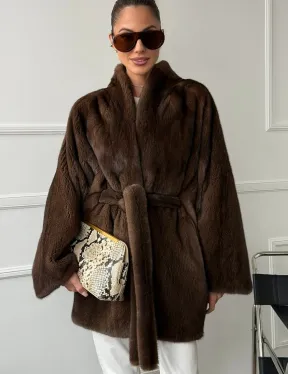 Норковый полушубок с меховым поясом - Летучая мышь