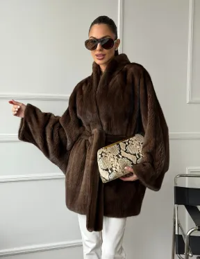 Норковый полушубок с меховым поясом - Летучая мышь