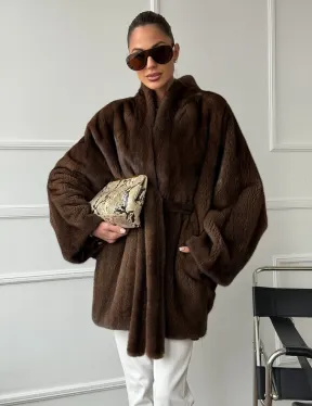 Норковый полушубок с меховым поясом - Летучая мышь