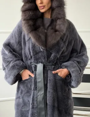 Длинная норковая шуба в пол с капюшоном куница
