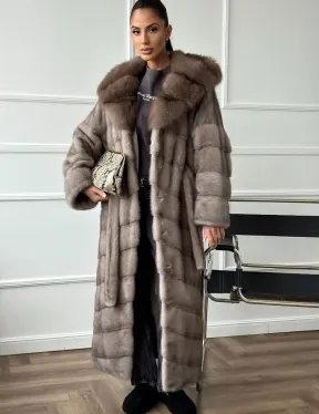 Шуба-кимоно норка в пол с капюшоном куница