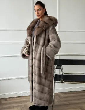 Шуба-кимоно норка в пол с капюшоном куница