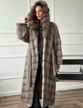 Шуба-кимоно норка в пол с капюшоном куница