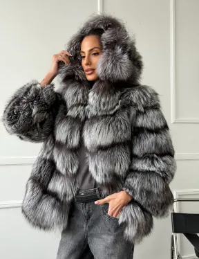 Шуба из меха чернобурки с капюшоном - серая