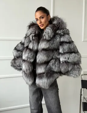 Шуба из меха чернобурки с капюшоном - серая