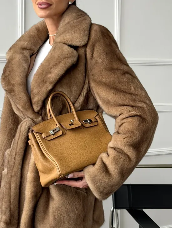 Полушубок норковый пастель с меховым поясом