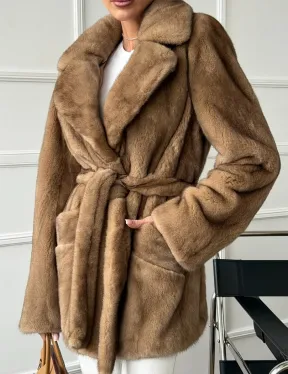 Полушубок норковый пастель с меховым поясом