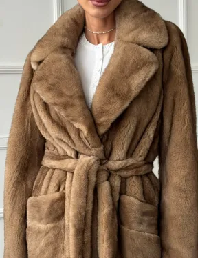 Полушубок норковый пастель с меховым поясом