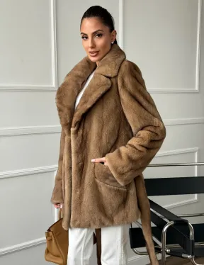 Полушубок норковый пастель с меховым поясом