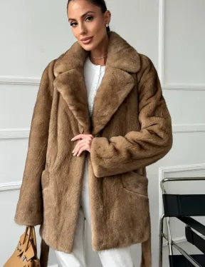 Полушубок норковый пастель с меховым поясом