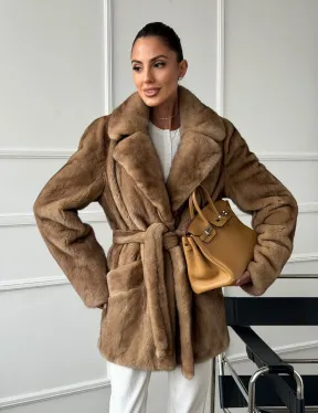 Полушубок норковый пастель с меховым поясом