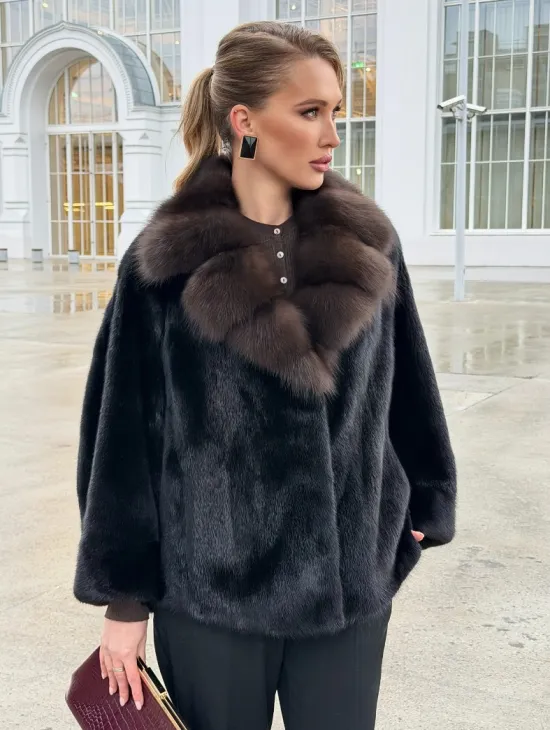 Черный норковый жакет с воротником куницы