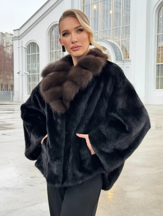 Черный норковый жакет с воротником куницы