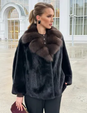 Черный норковый жакет с воротником куницы