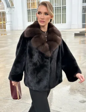 Черный норковый жакет с воротником куницы
