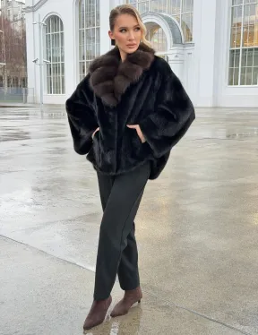 Черный норковый жакет с воротником куницы