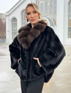 Черный норковый жакет с воротником куницы