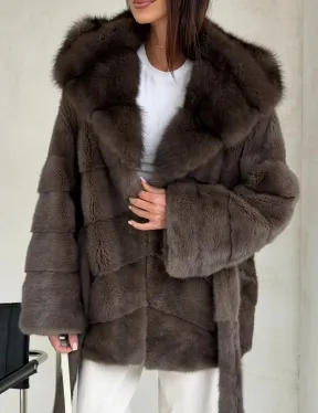 Меховой норковый полушубок с капюшоном куница