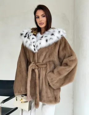 Шуба норковая пастель в роспуск с капюшоном под рысь