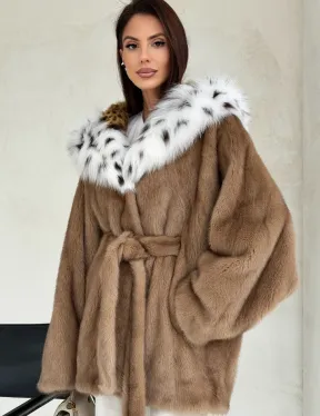 Шуба норковая пастель в роспуск с капюшоном под рысь