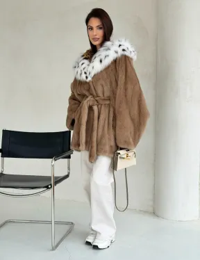 Шуба норковая пастель в роспуск с капюшоном под рысь