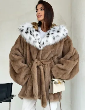 Шуба норковая пастель в роспуск с капюшоном под рысь