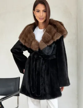Черная шуба в роспуск с капюшоном соболь