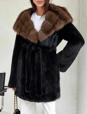 Черная шуба в роспуск с капюшоном соболь