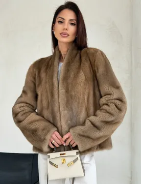 Укороченная шуба из натурального меха норки - пастель