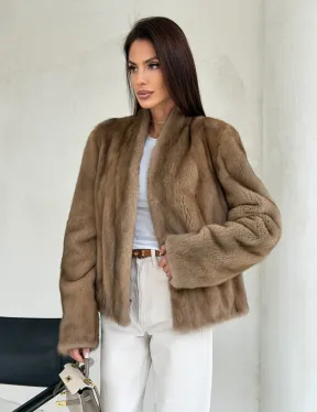 Укороченная шуба из натурального меха норки - пастель