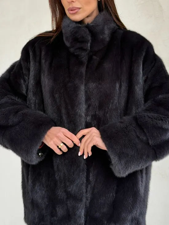 Норковый полушубок графит - стойка воротник