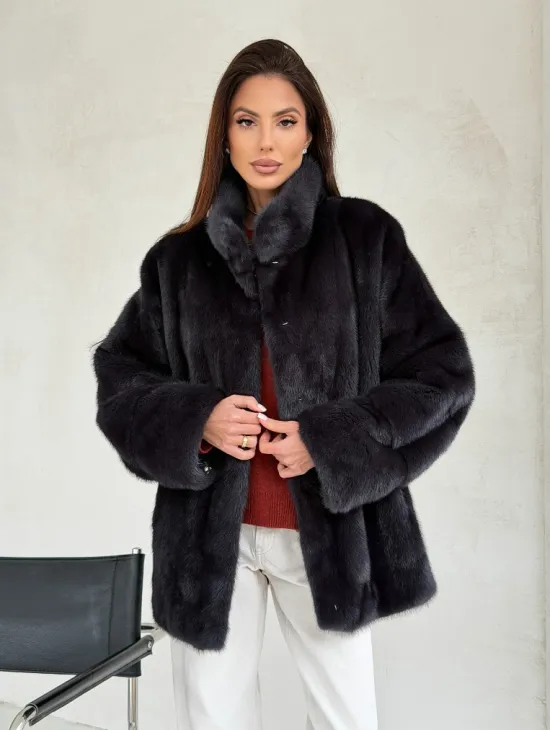 Норковый полушубок графит - стойка воротник