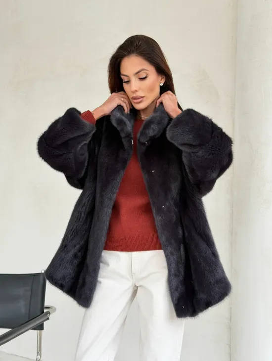Норковый полушубок графит - стойка воротник