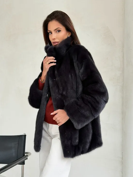 Норковый полушубок графит - стойка воротник