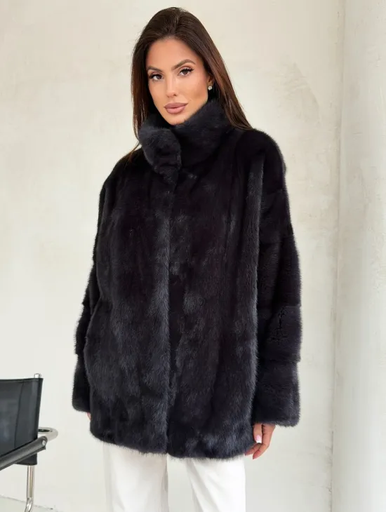 Норковый полушубок графит - стойка воротник